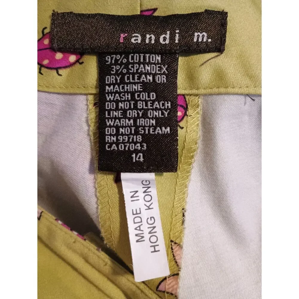 Randi M Yellow Green & Pink Floral & Ladybug Print Cotton Stretch Pants Sz 14